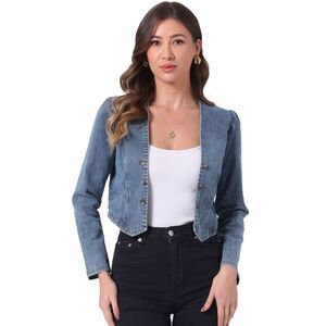 Denim Jacket Collarless Open Front Casual Crop Shrug Dusty Blue